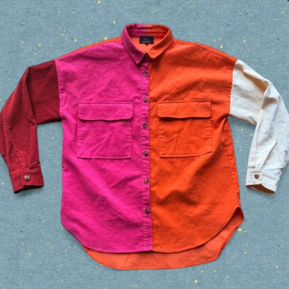 Vici Vibrant Pink, Orange, and Cream corduroy Button Down Shirt